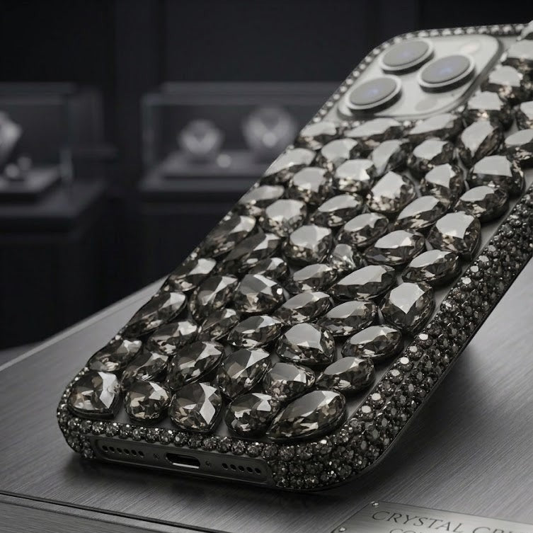 digitaley.co Diamond Luxe phone case with teardrop crystals and micro-rhinestones in Crystal Silver for iPhone 15 Pro Max.