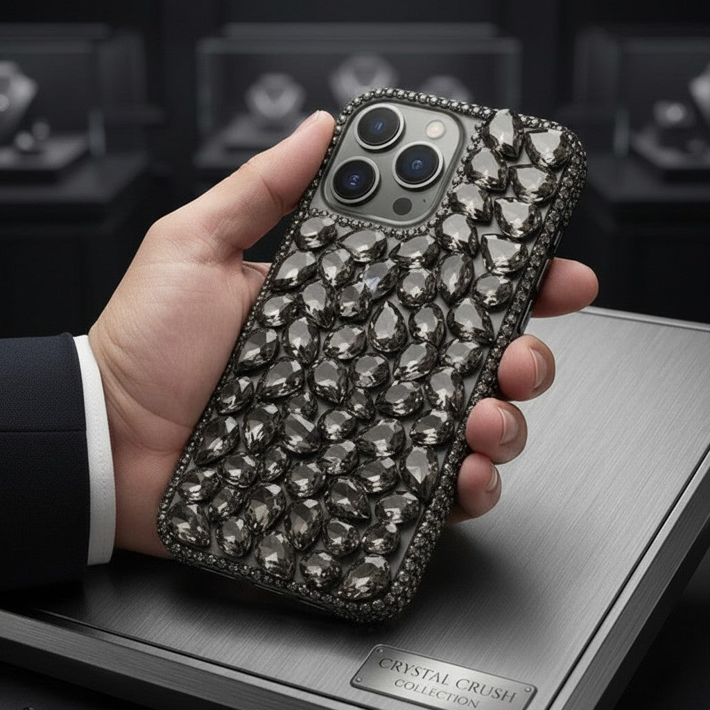 digitaley.co Diamond Luxe iPhone case with teardrop crystals in silver. Handcrafted, protective, and elegant.