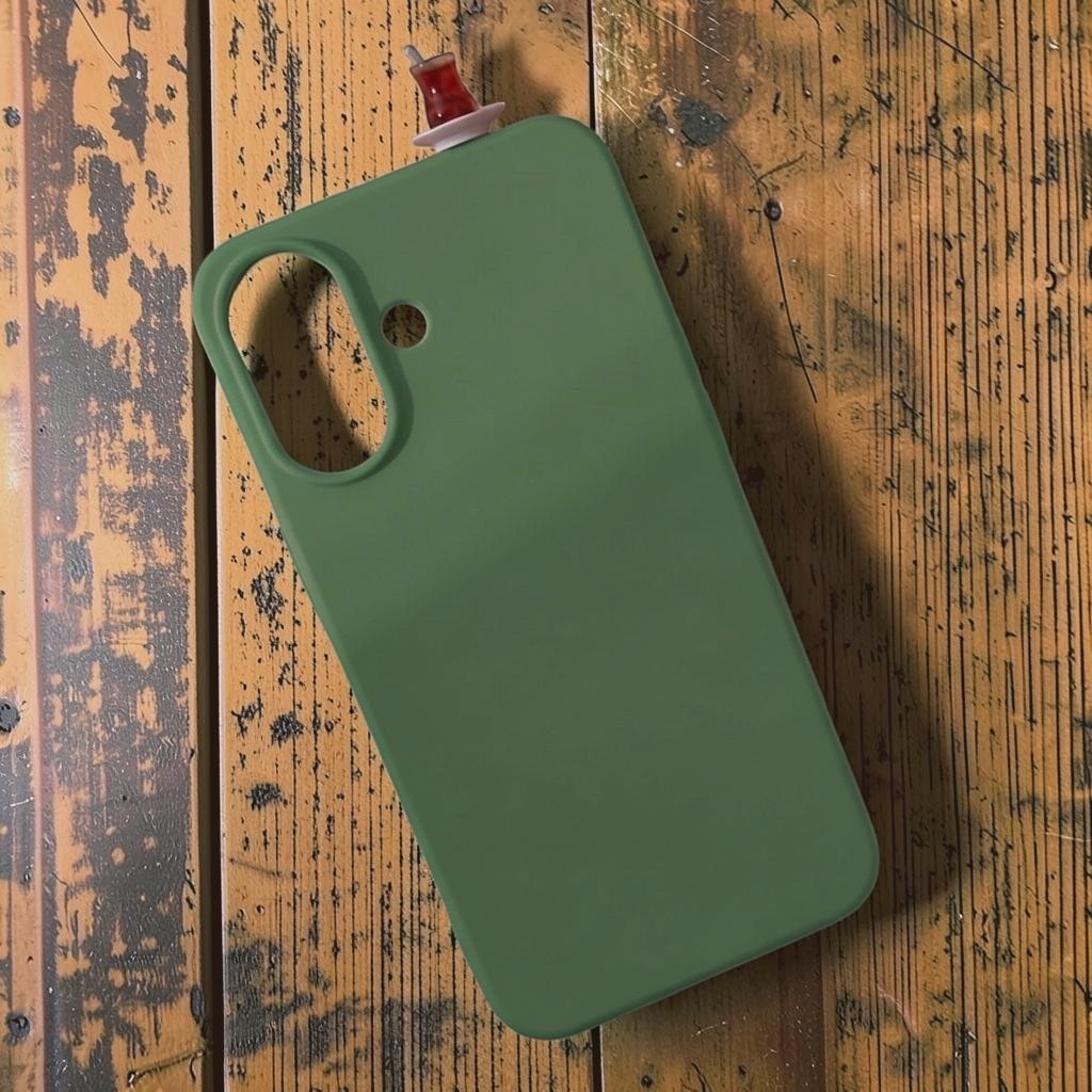 digitaley.co green silicone phone case with a miniature tea glass motif on top. Slim-waist design.