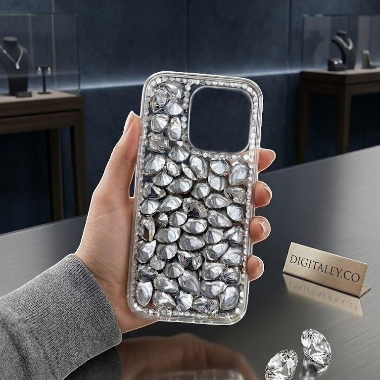 DIGITALEY.CO iPhone 15 Pro case with iridescent crystals and protective TPU frame.
