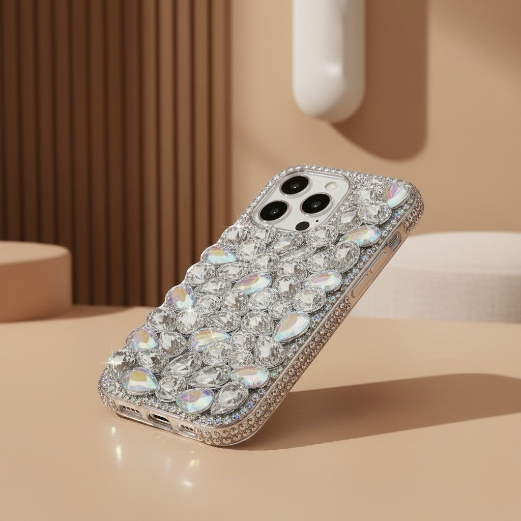 DIGITALEY.CO iPhone 15 Pro case with iridescent crystals and rhinestones. Handcrafted bling diamond cover.