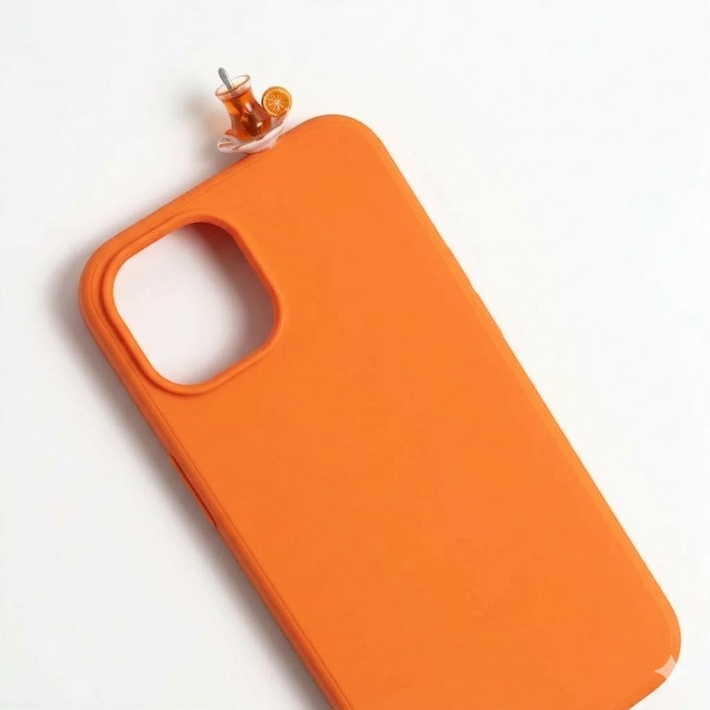 digitaley.co orange phone case with 3D miniature Turkish tea glass and saucer accessory