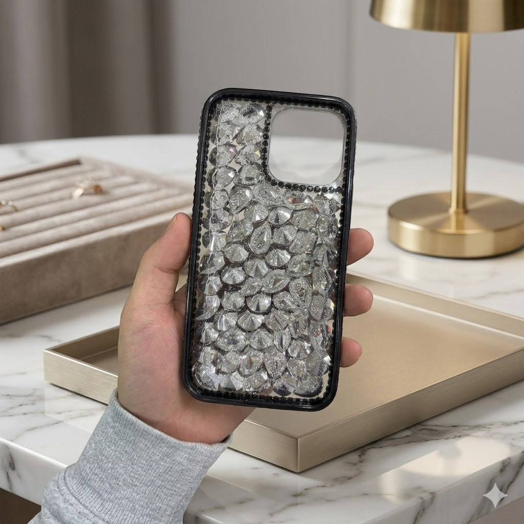 Digitaley.co iPhone 15 Pro Max case with teardrop crystals and micro-rhinestones. Silver.