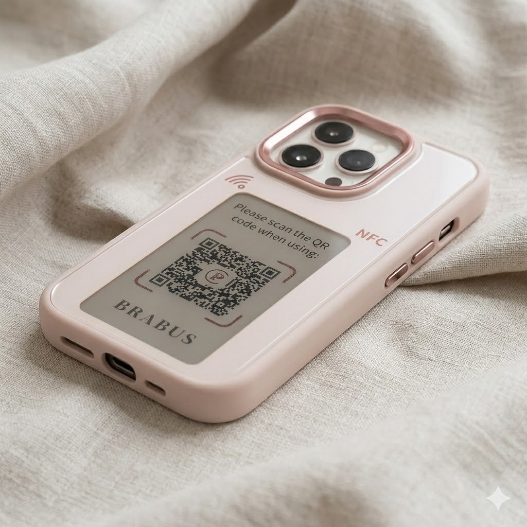 DigitaleyHub Smart-Ink NFC customizable photo iPhone case in light pink with E-Ink display showing a QR code.