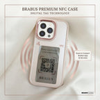 digitaley.co Smart-Ink NFC iPhone case in rose gold with customizable E-Ink display showing a QR code.