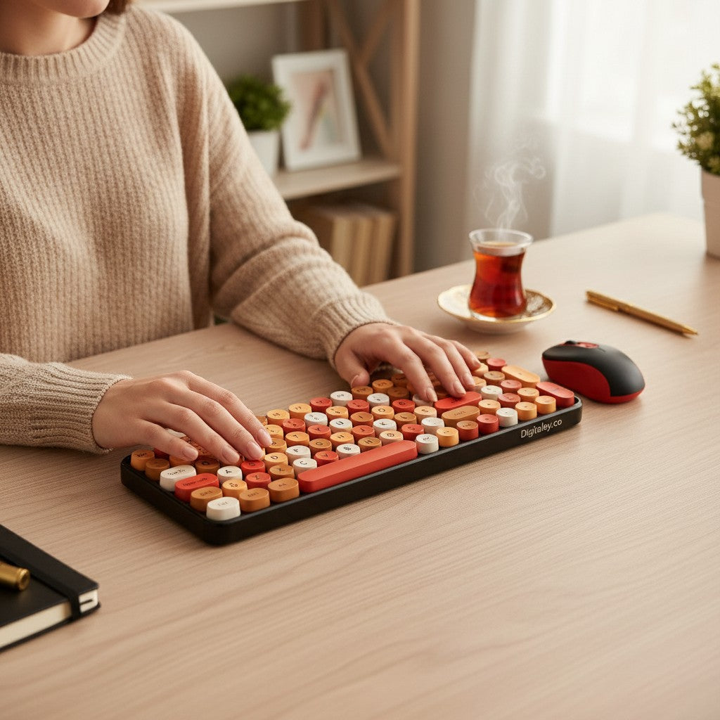 digitaley.co Sunset Glow retro wireless keyboard and mouse set with round, typewriter-style keycaps in orange, cream, and red.