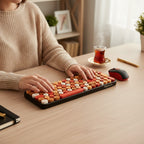 digitaley.co Sunset Glow retro wireless keyboard and mouse set with round, typewriter-style keycaps in orange, cream, and red.