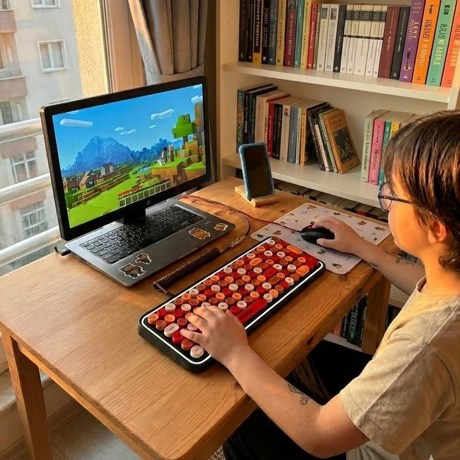digitaley.co Sunset Glow retro wireless keyboard and mouse set with round typewriter-style keycaps in orange, cream, and red.