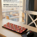 digitaley.co Sunset Glow retro wireless keyboard and mouse set with round, typewriter-style keycaps in orange, cream, and terracotta.