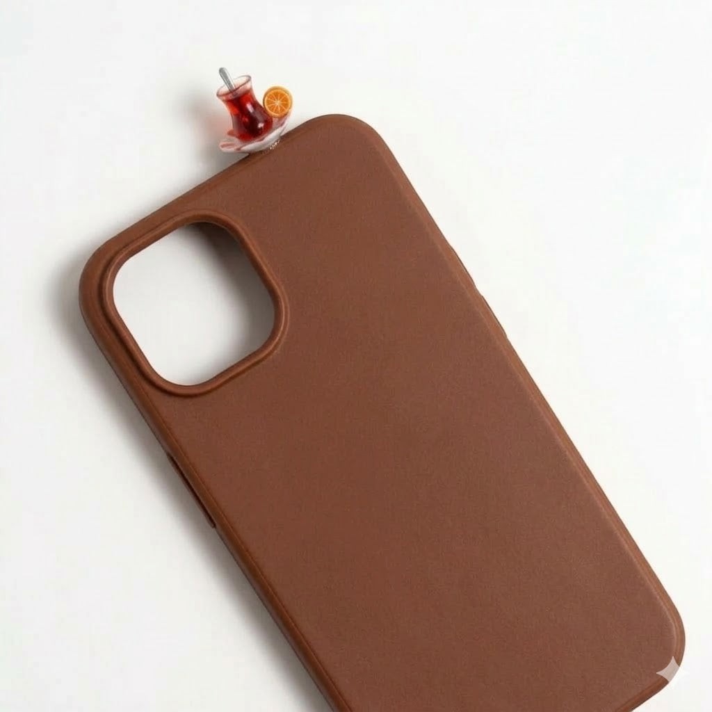 digitaley.co brown iPhone case with 3D miniature Turkish tea glass, saucer, and orange slice charm.