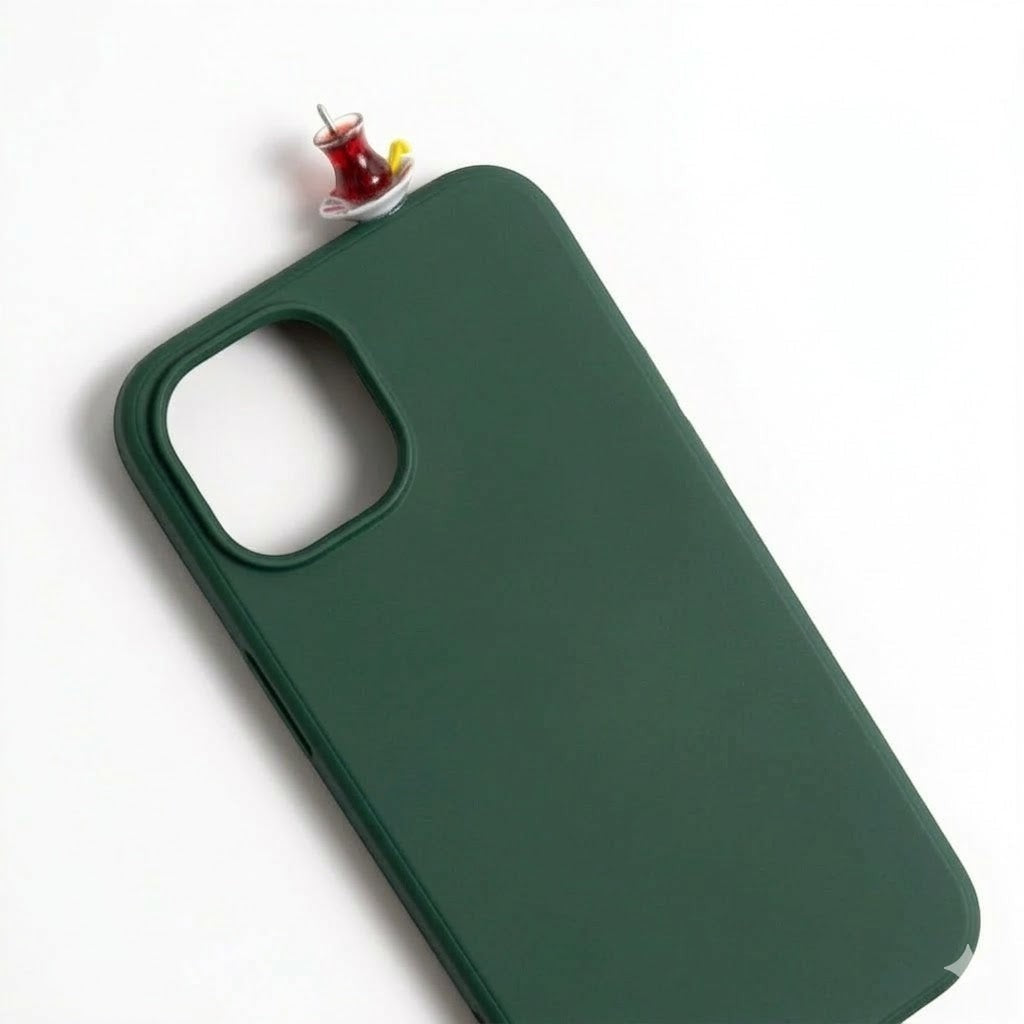 digitaley.co dark green phone case with 3D miniature Turkish tea glass and saucer accessory