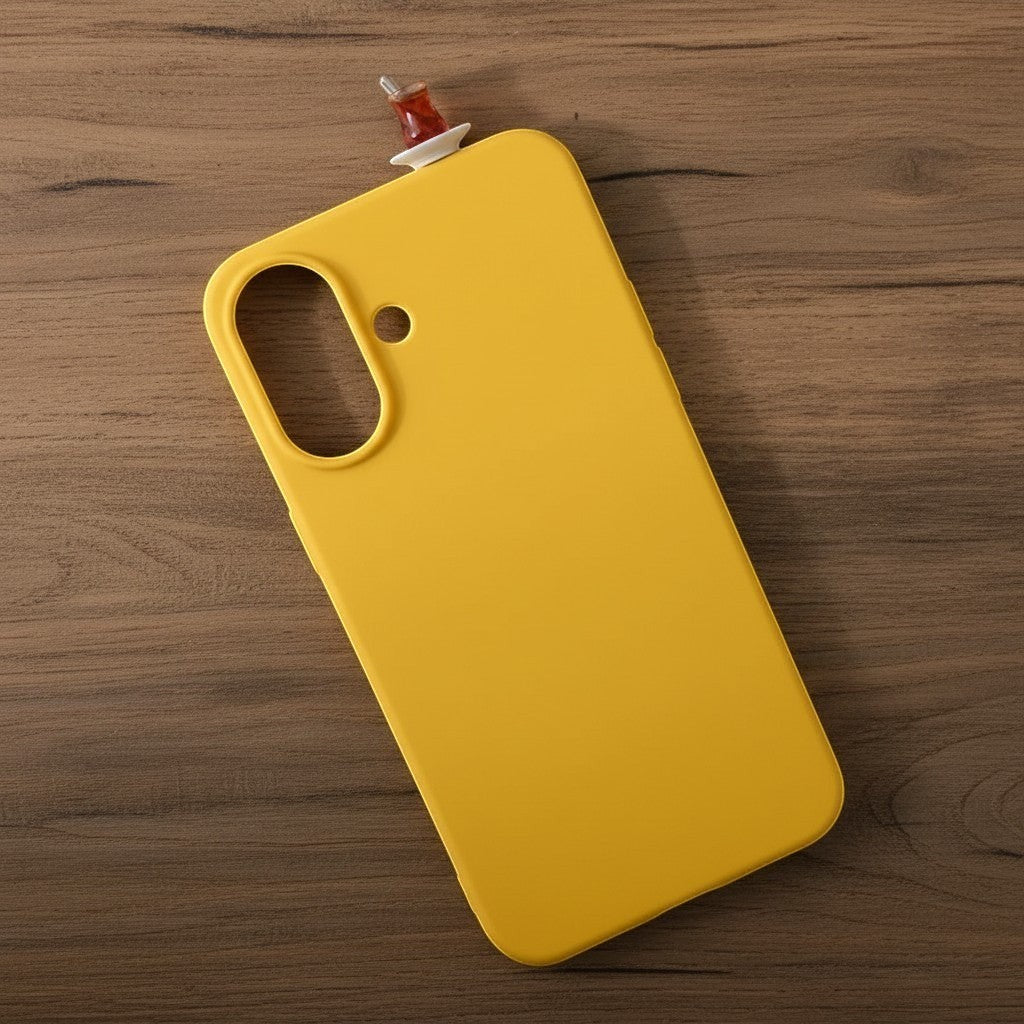 digitaley.co yellow silicone iPhone case with a 3D tea glass motif on the top corner.