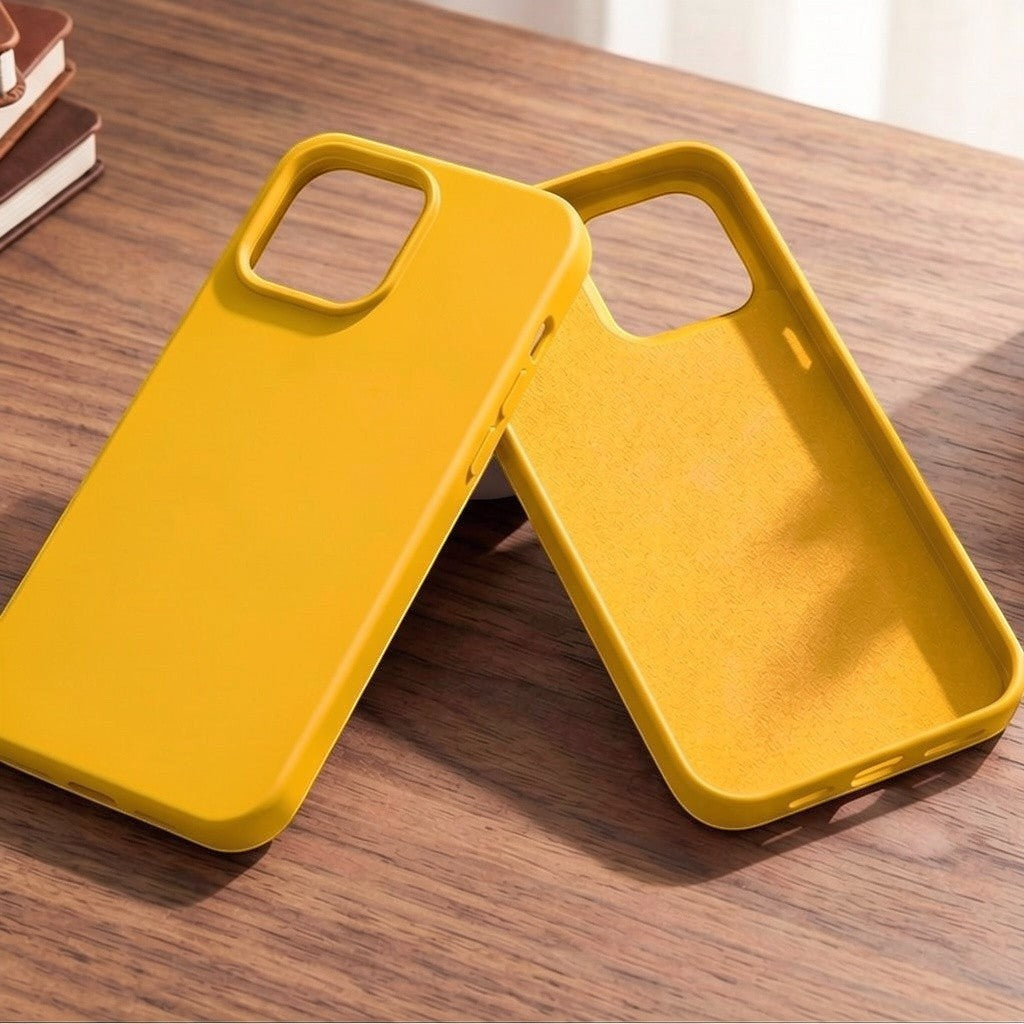 Digitaley.co yellow silicone phone case with soft velvet lining and matte finish.