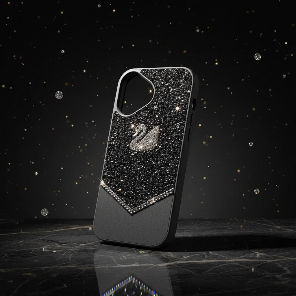 digitaley.co dark grey iPhone case with sparkling crystal embellishments and a white swan motif.