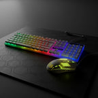 digitaley.co RGB gaming keyboard with rainbow backlighting and honeycomb mouse with yellow glow. Wired PC gaming set.