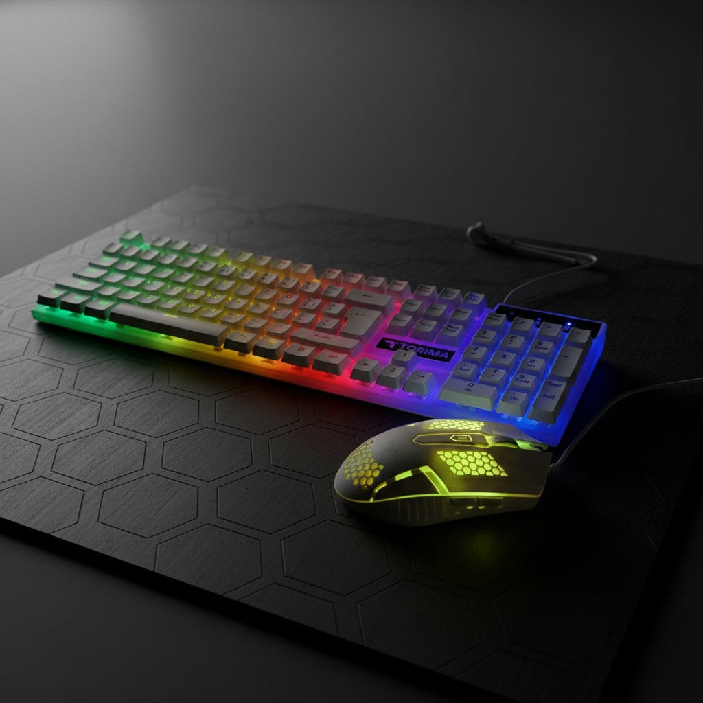 digitaley.co RGB gaming keyboard with rainbow backlighting and honeycomb mouse with yellow glow. Wired PC gaming set.
