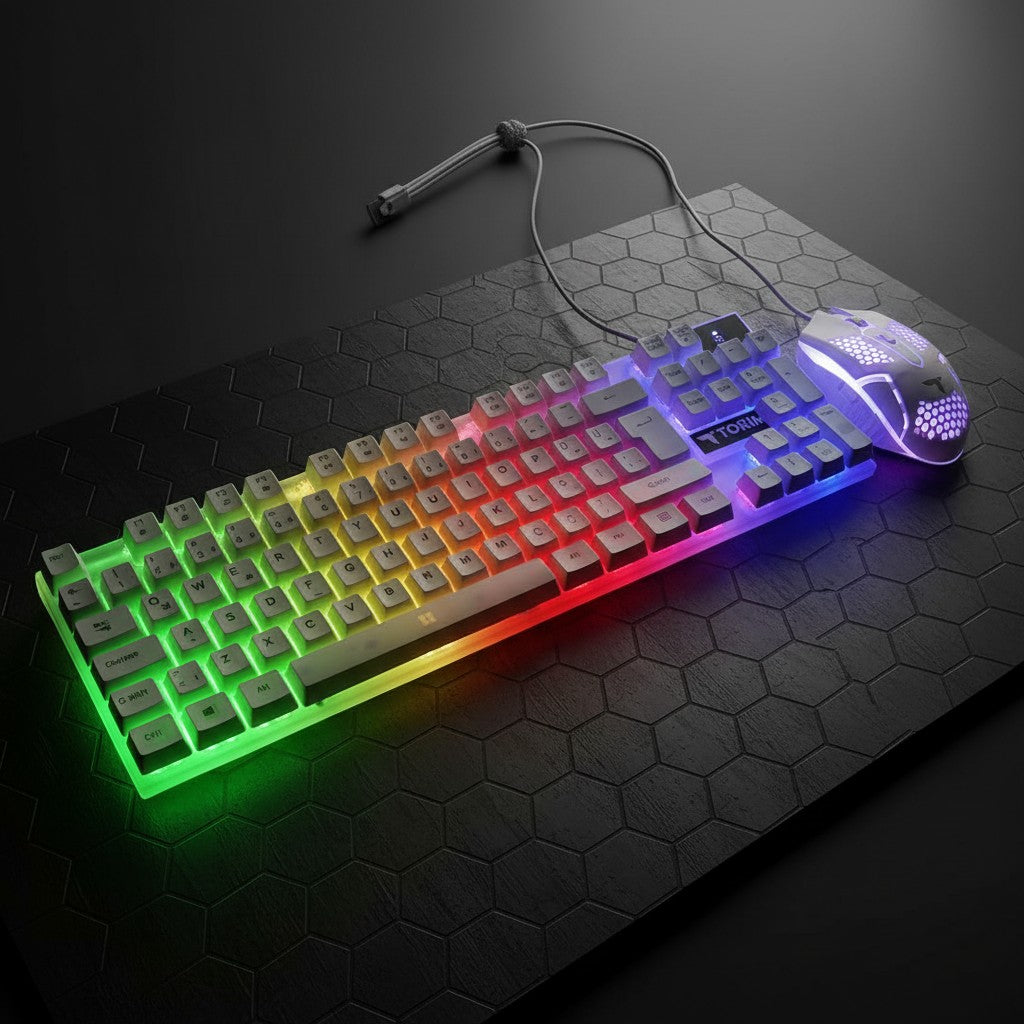 digitaley.co gaming keyboard and mouse set with customizable RGB rainbow backlighting and honeycomb mouse design.