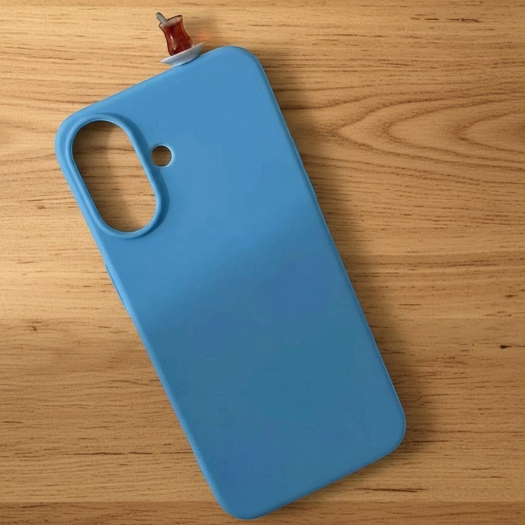 digitaley.co blue silicone iPhone case with a miniature tea glass motif on the back.
