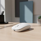 digitaley.co white wireless ergonomic mouse with USB-C charging port on a wooden desk.