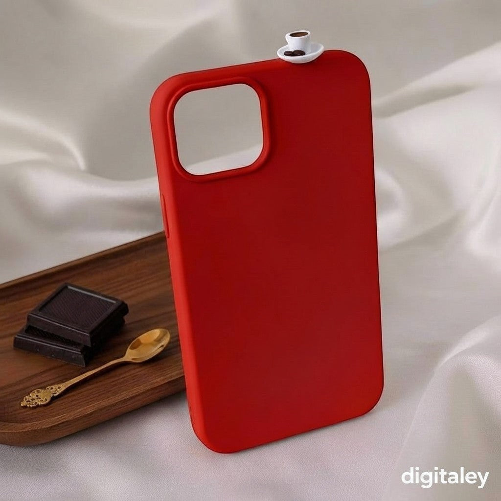 Red phone case with a 3D miniature Turkish coffee cup and chocolate charm. Digitaley.co
