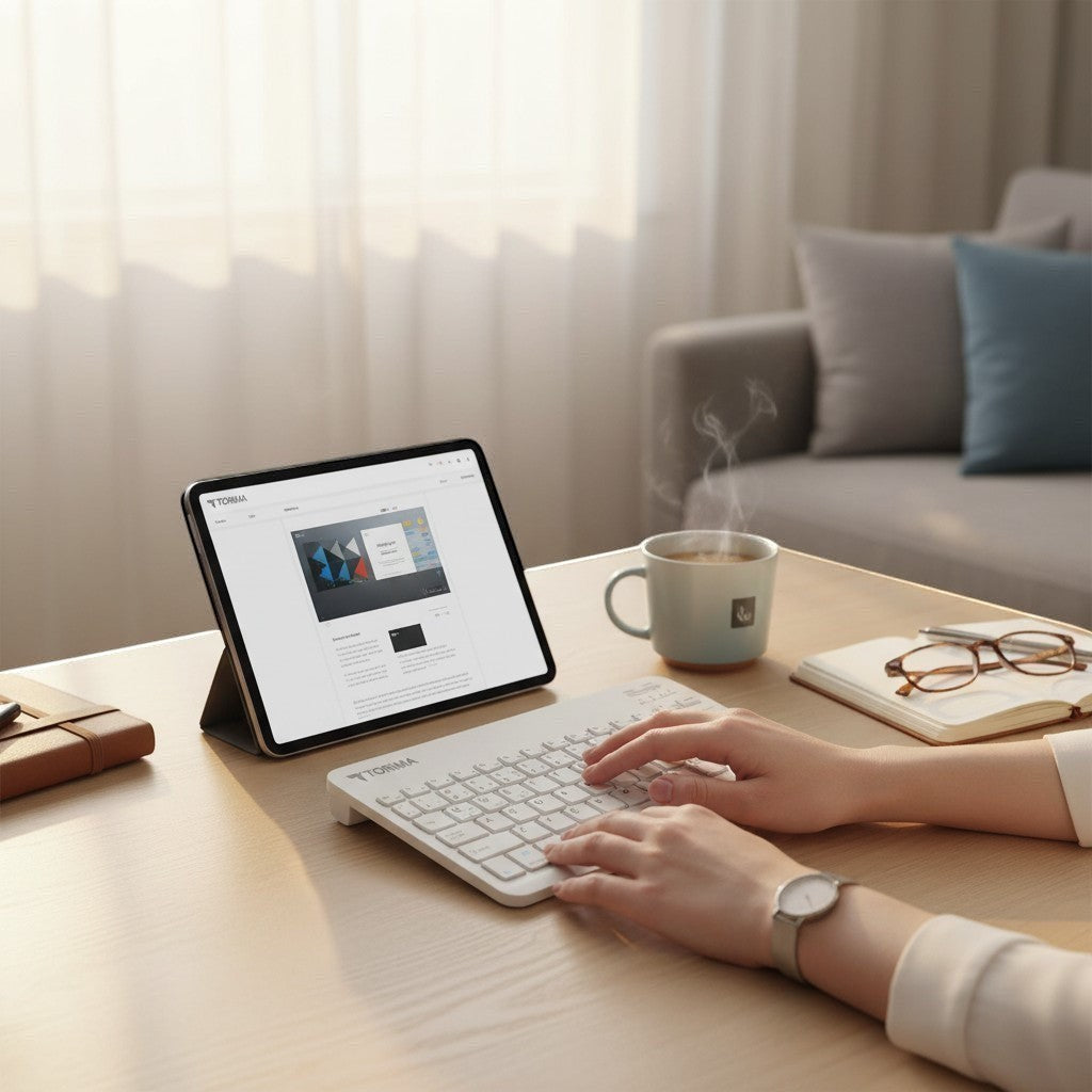digitaley.co pastel blue wireless keyboard and mouse set on a wooden desk with a tablet and coffee.