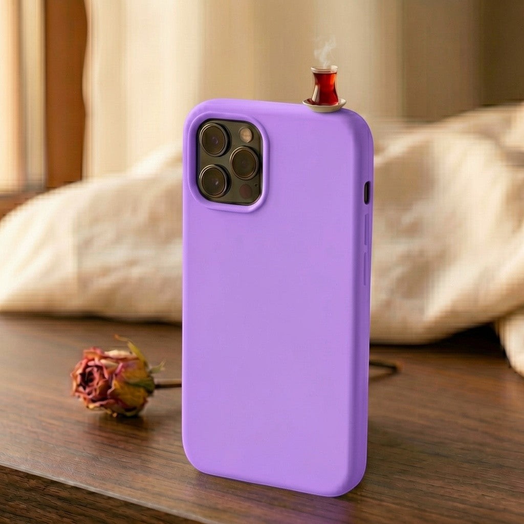 digitaley.co purple silicone iPhone case with a 3D tea glass motif and steam detail.