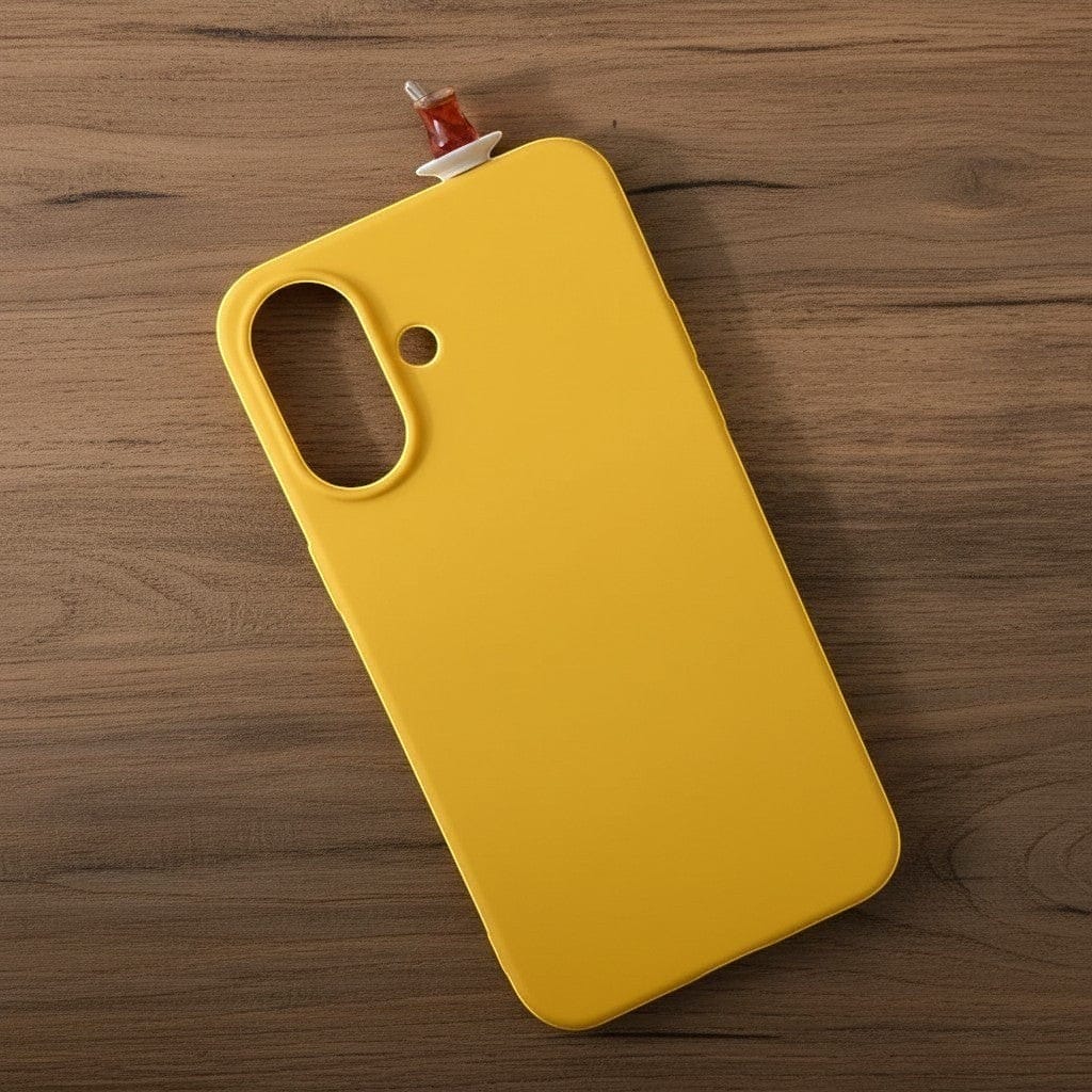 digitaley.co yellow silicone phone case with a miniature tea glass motif on top, compatible with all iPhone models.