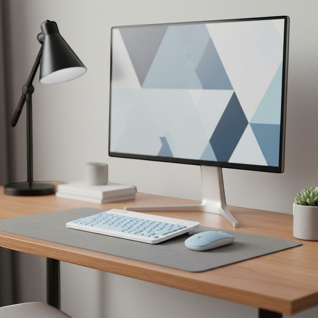 digitaley.co pastel blue wireless keyboard and mouse set with quiet keys on a desk mat.