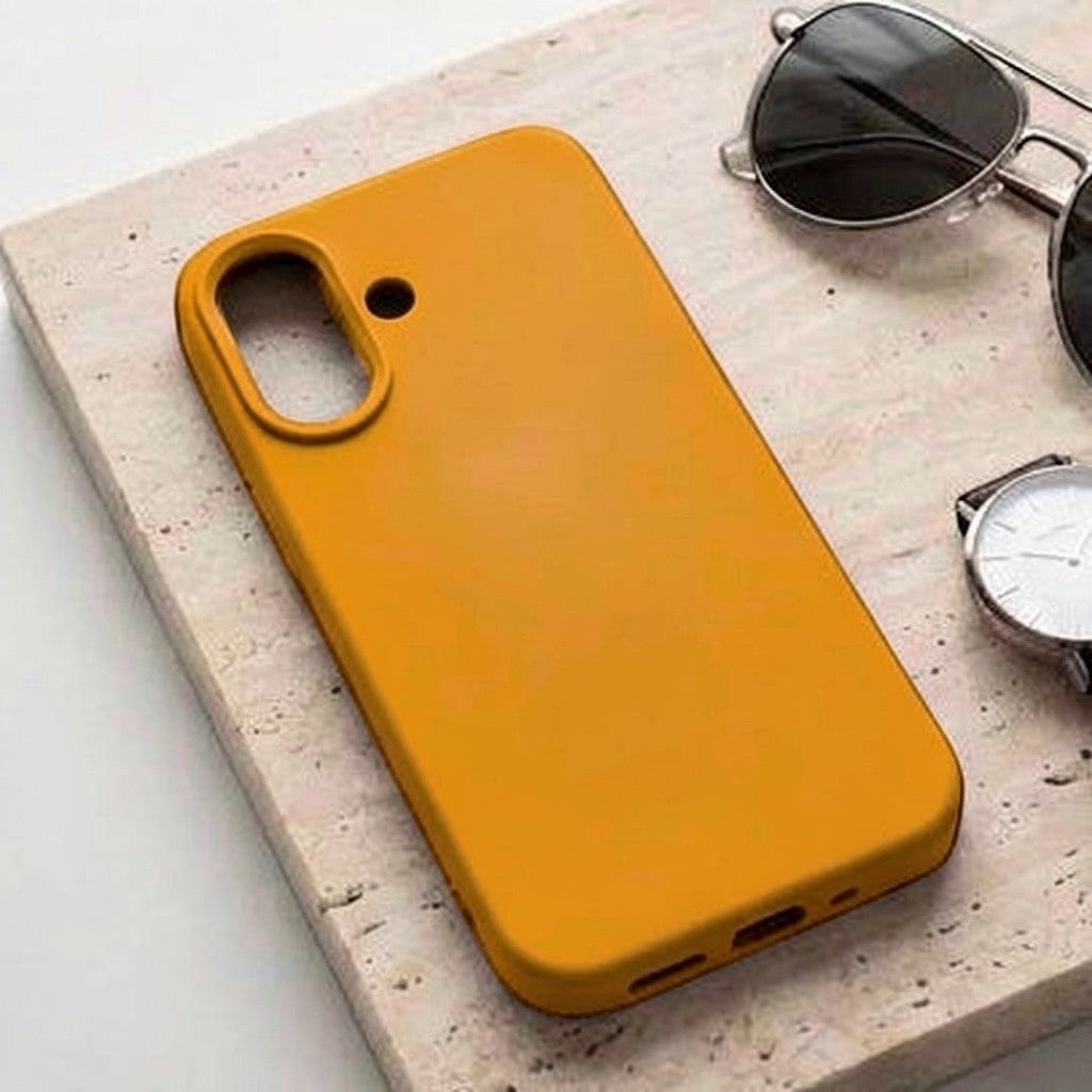 digitaley.co mustard yellow silicone phone case with velvet lining and raised camera protection. Minimalist design.