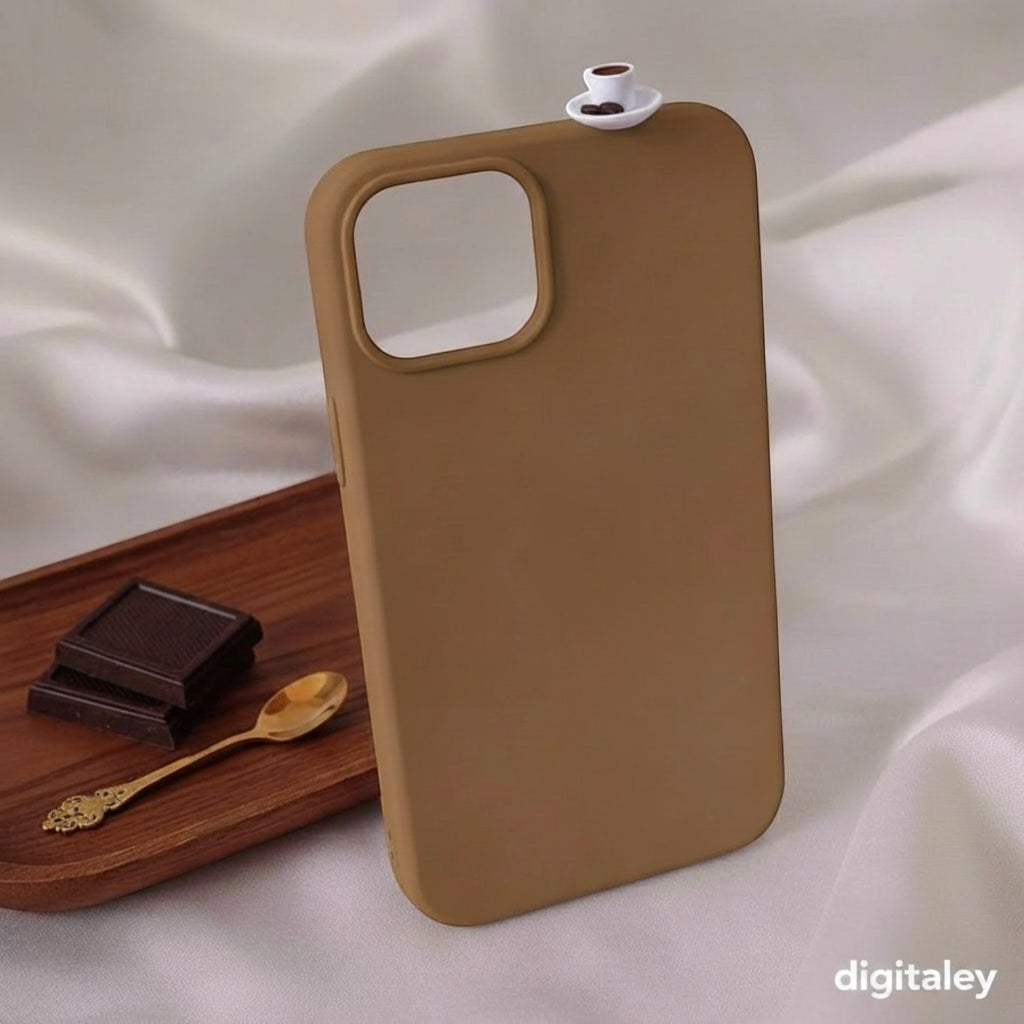 digitaley.co brown 3D miniature Turkish coffee cup phone case with coffee beans and saucer. Artisan accessory.