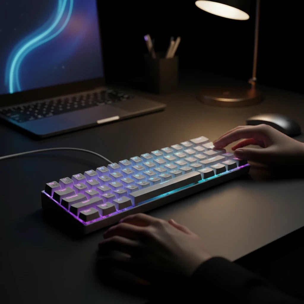 digitaley.co compact 60% mechanical keyboard with customizable RGB backlighting, white keys, and silver frame.