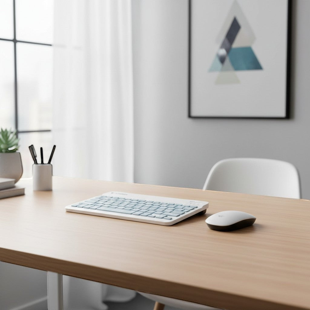 digitaley.co pastel blue wireless keyboard and mouse set on a wooden desk.