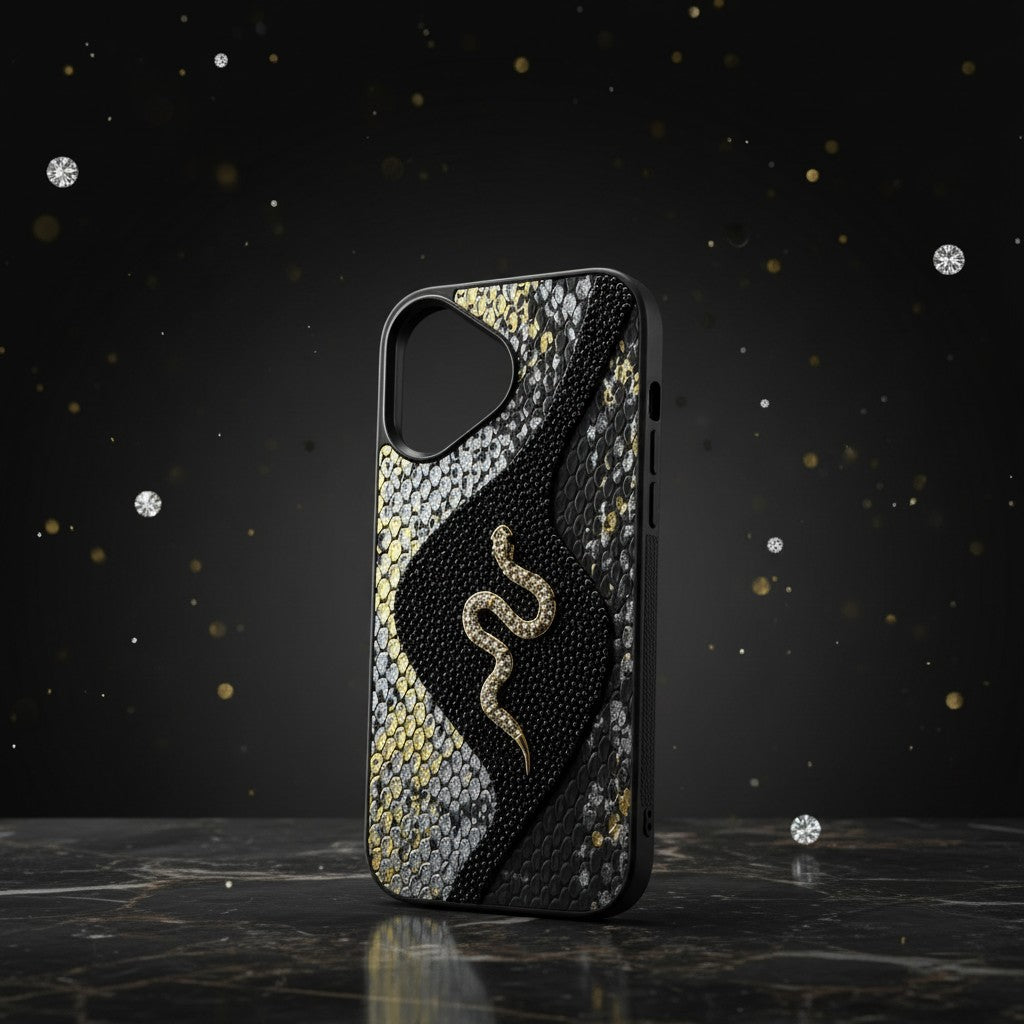 digitaley.co embellished iPhone case with gold snake motif and crystal accents, black with gold and silver textured pattern.