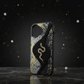 digitaley.co embellished iPhone case with gold snake motif and crystal accents, black with gold and silver textured pattern.
