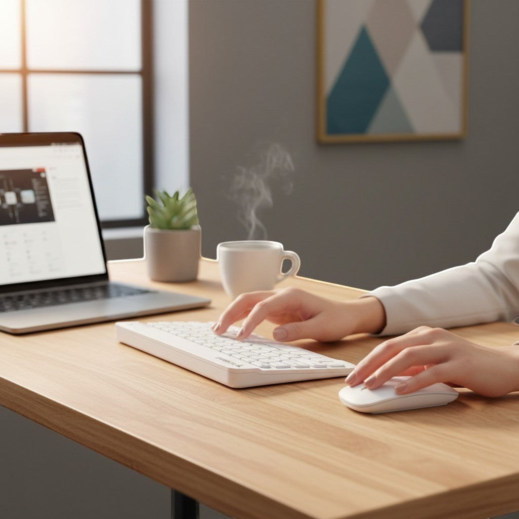 digitaley.co pastel blue wireless keyboard and mouse set on a wooden desk with a laptop and coffee cup.