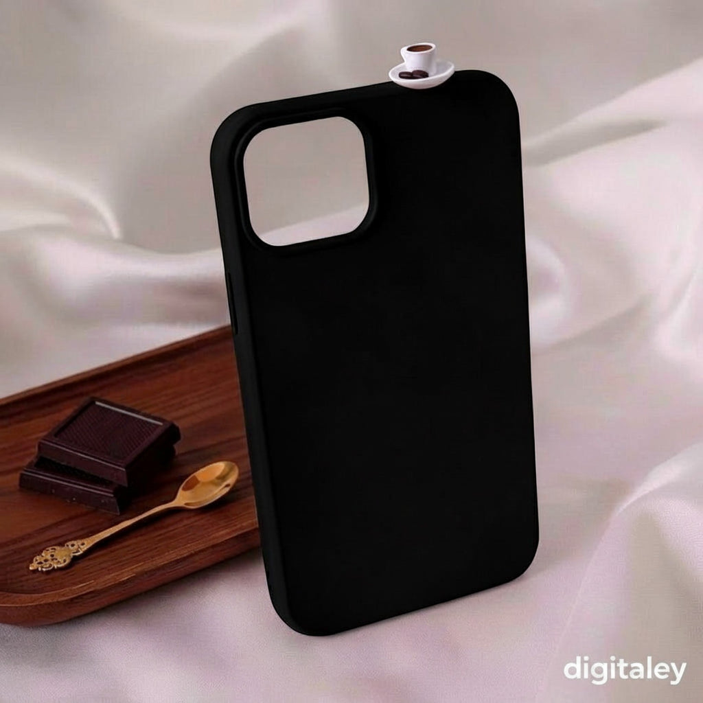 digitaley.co black phone case with 3D miniature Turkish coffee cup and saucer on top corner.