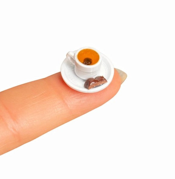 digitaley.co 3D miniature Turkish coffee cup with chocolate on a saucer, handmade phone accessory.