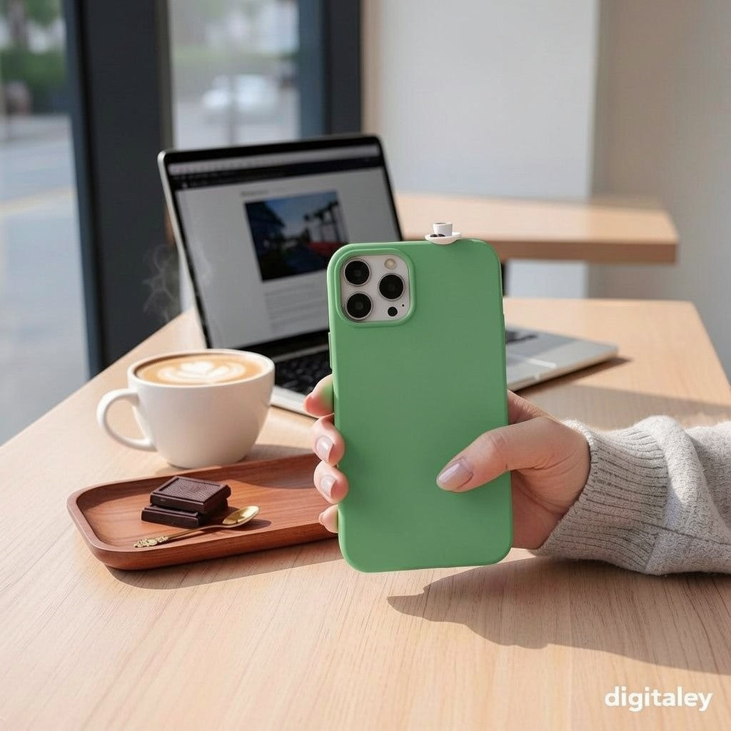 digitaley.co green phone case with 3D miniature Turkish coffee cup and chocolate charm
