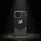 digitaley.co iPhone case with sparkling black crystals and a white swan motif. Features a chevron design at the bottom with clear crystals.