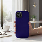 digitaley.co dark purple phone case with 3D miniature Turkish coffee cup and saucer accessory.