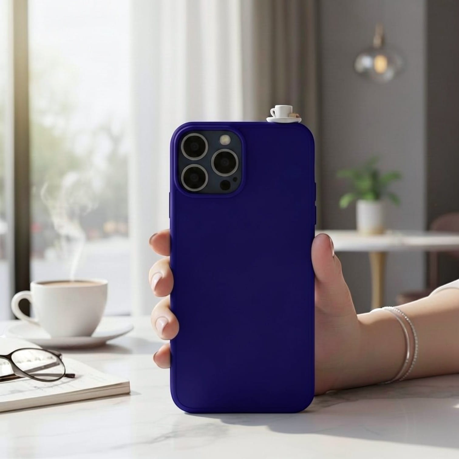 digitaley.co dark purple phone case with 3D miniature Turkish coffee cup and saucer accessory.