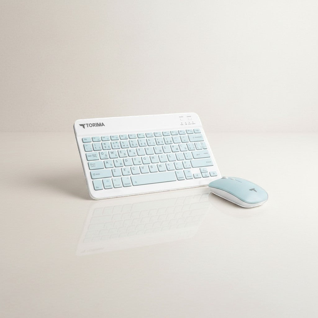 digitaley.co pastel blue wireless keyboard and mouse set with quiet, responsive keys and ergonomic mouse.