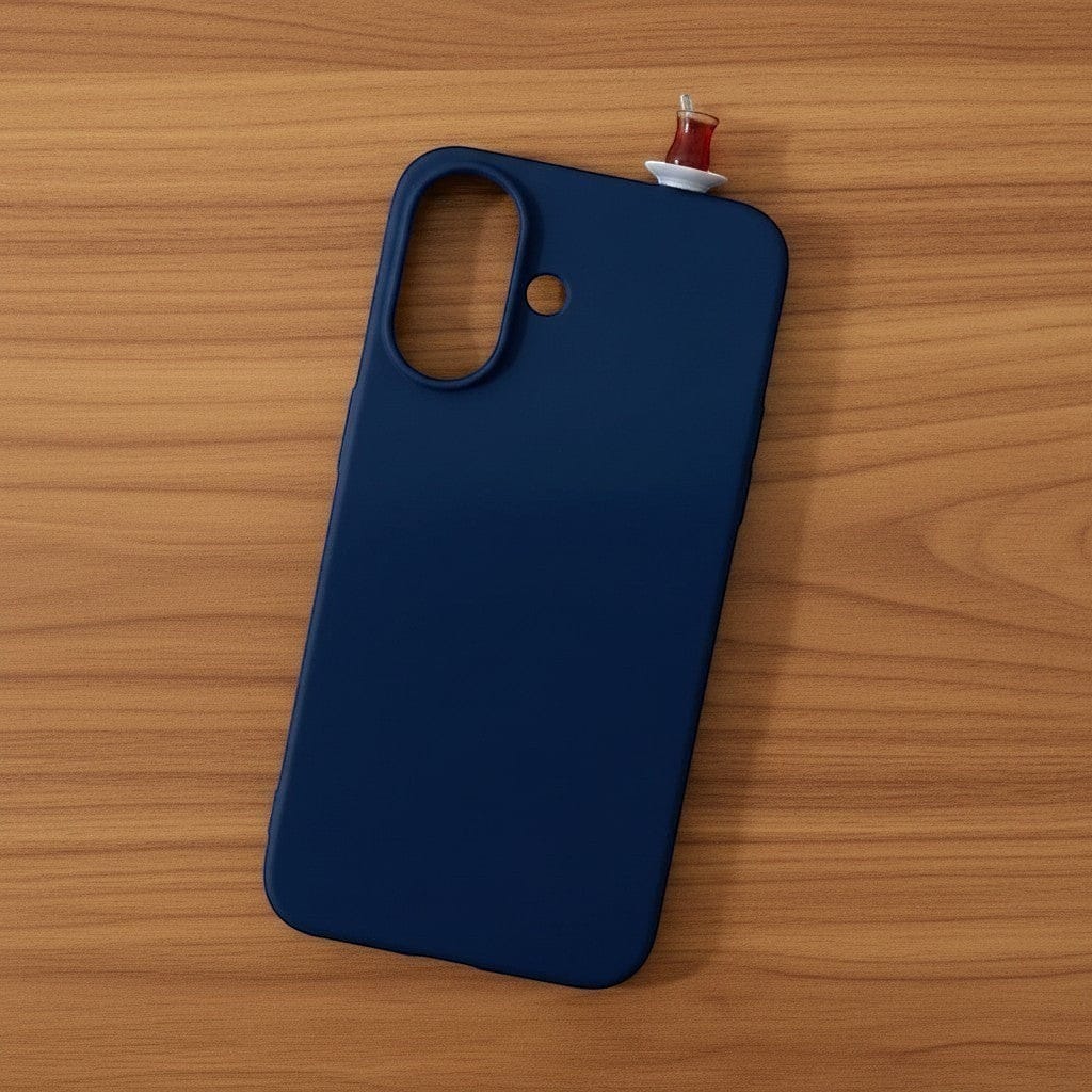digitaley.co navy blue premium silicone iPhone case with a miniature tea glass motif on the top right corner.