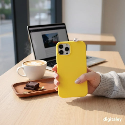 digitaley.co yellow phone case with miniature Turkish coffee cup and chocolate charm