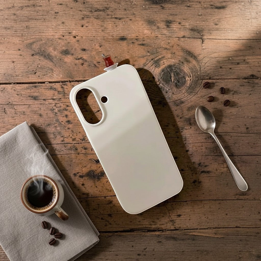 digitaley.co white silicone iPhone case with a 3D tea glass motif, styled with coffee and a spoon.