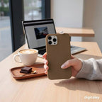 Brown iPhone case with a 3D miniature Turkish coffee cup and chocolate charm. digitaley.co