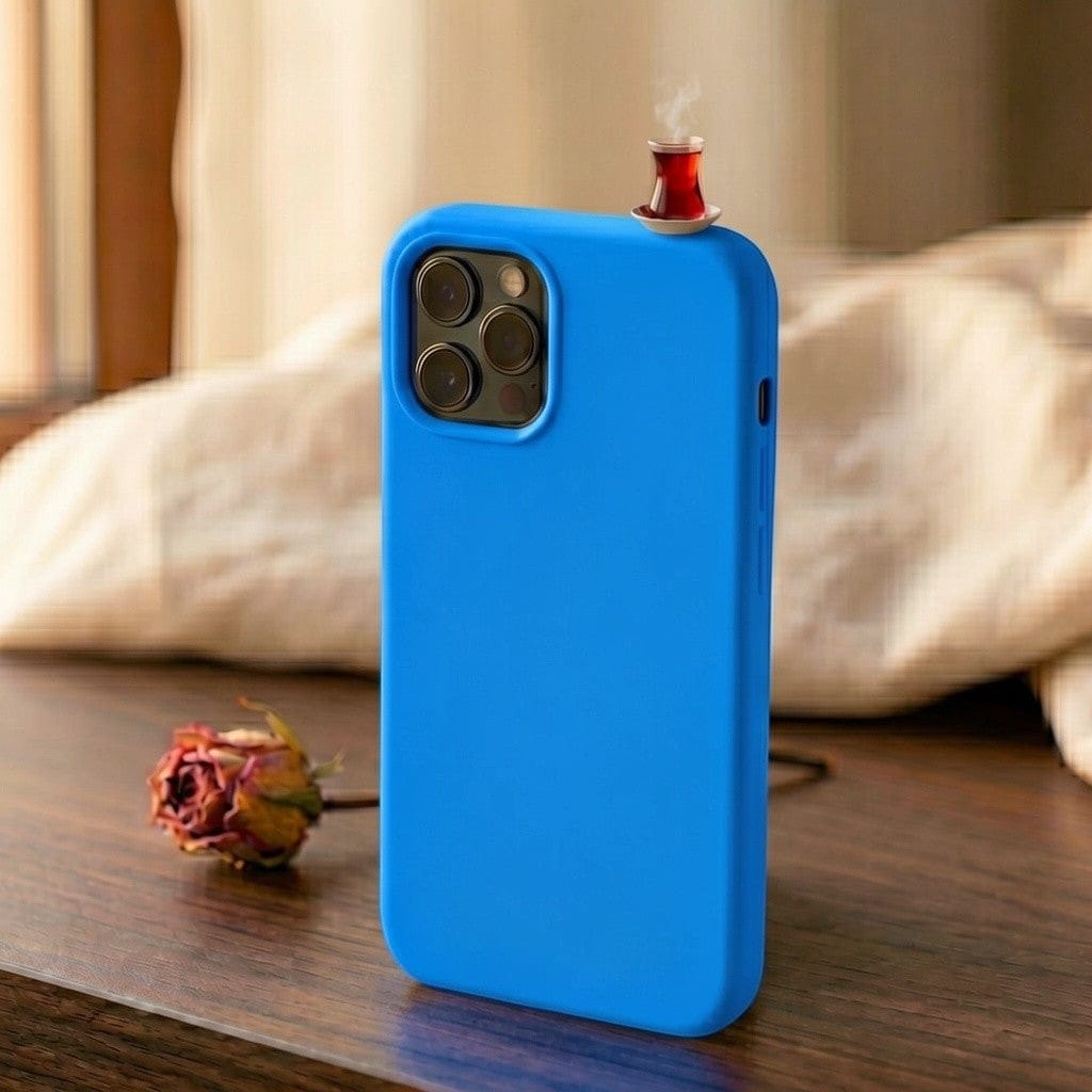 digitaley.co blue silicone iPhone case with a 3D tea glass motif and steam detail.