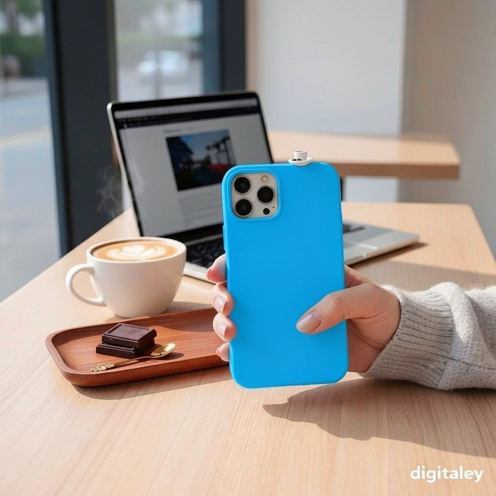 digitaley.co bright blue iPhone case with 3D miniature Turkish coffee cup and chocolate charm