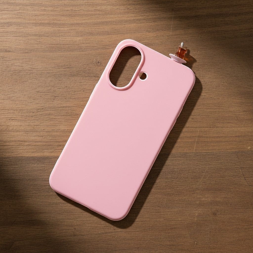 digitaley.co pink silicone phone case with a slim-waist tea glass motif, compatible with all iPhone models.
