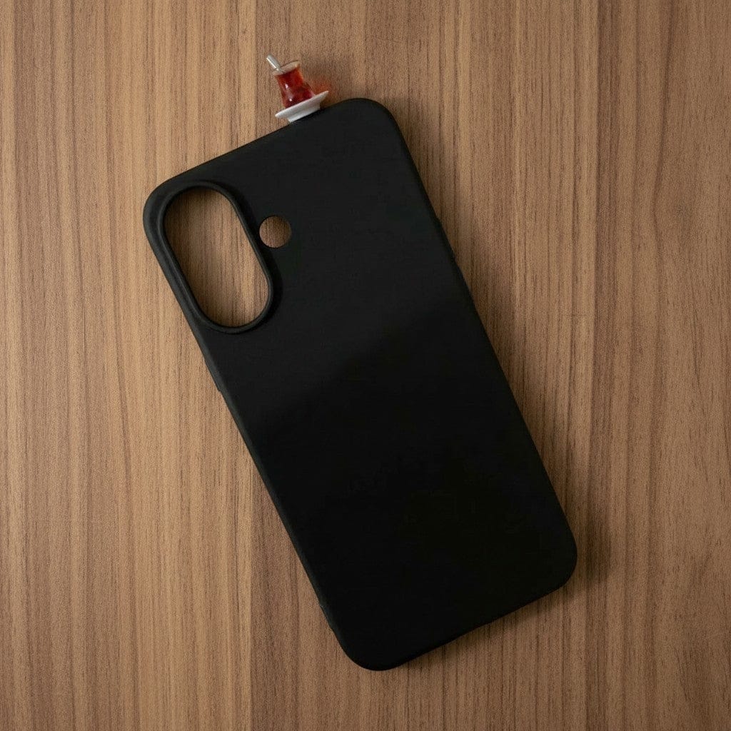digitaley.co black premium silicone phone case with a miniature red tea glass motif on top.